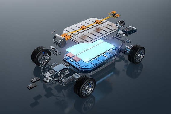 Explode view EV car with glowing battery element undercarriage photo